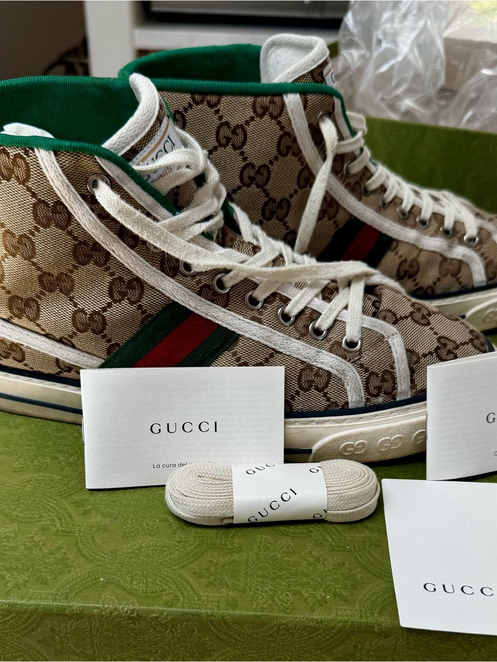 Gucci Beige GG Canvas High-Top Sneakers with Green and Red Web